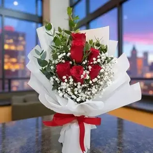 6 Imported Red Roses with Baby Breath